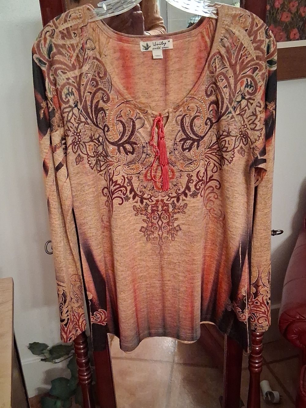Unity World Wear Beige and Rust Embroidered Long Sleeve Tunic Sz.M